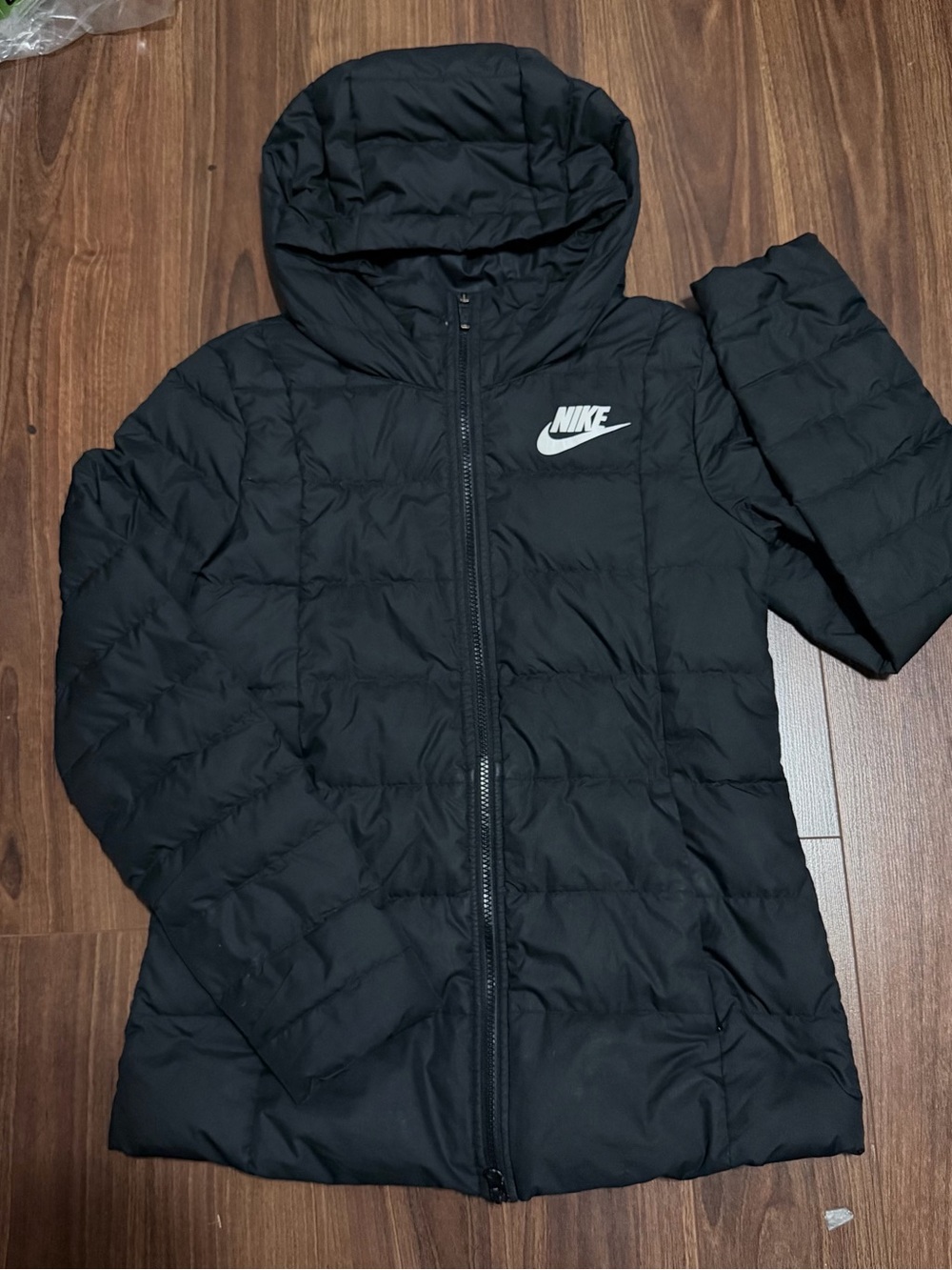 Nike Youth Black Hooded Puffer Jacket with White Logo